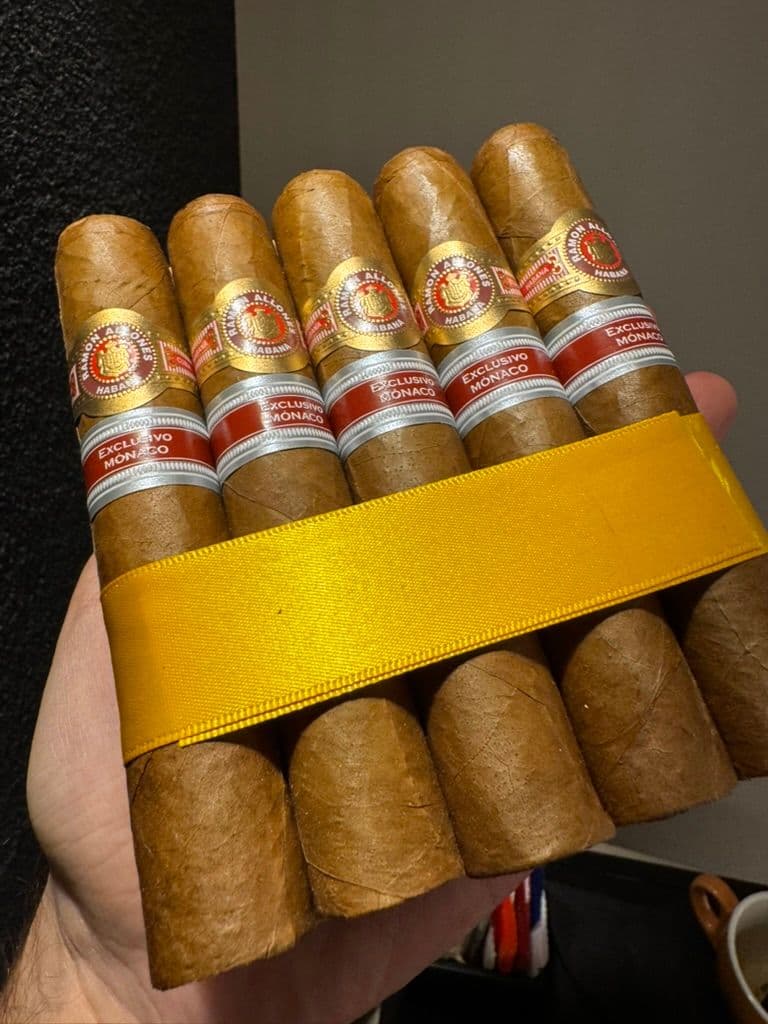 Five Ramon Allones Casino Monaco cigars held in hand with yellow ribbon