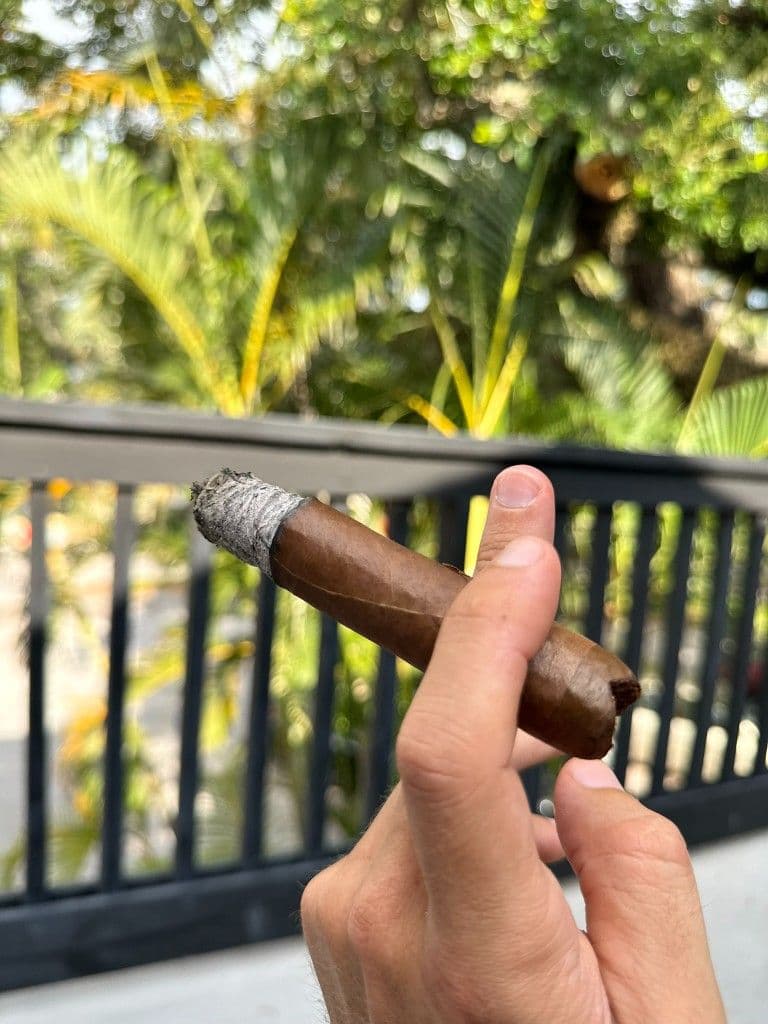 Perdomo Legacy held mid-smoke showing V-cut and long ash