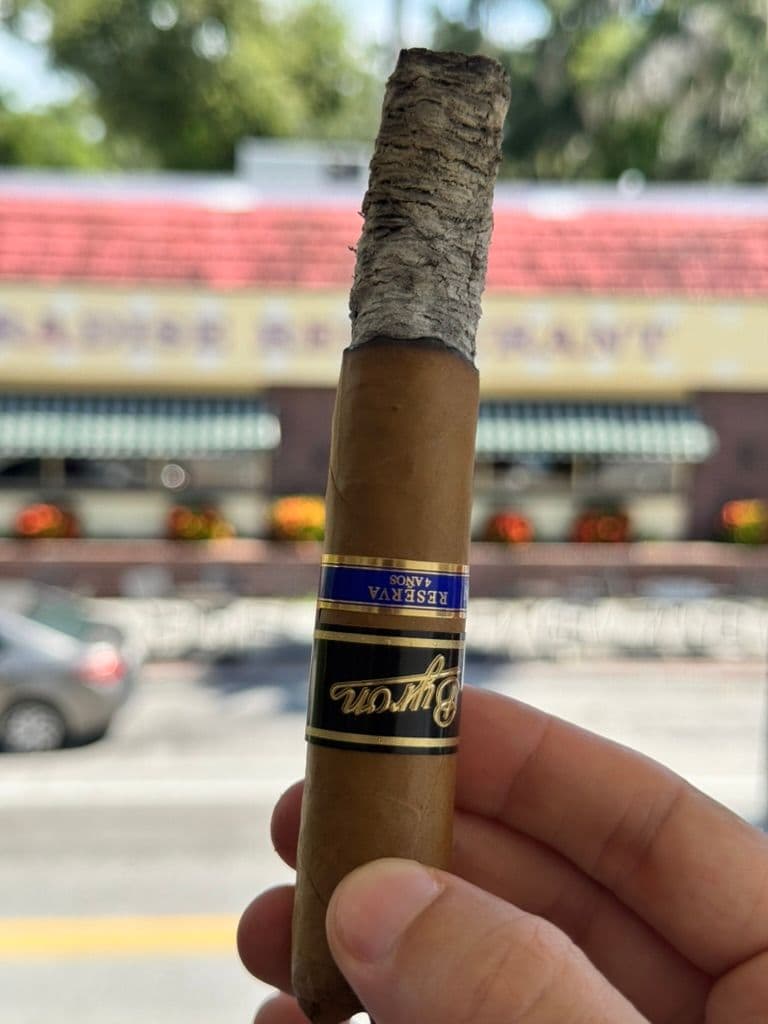 Byron Elegantes held vertically with long ash mid-smoke